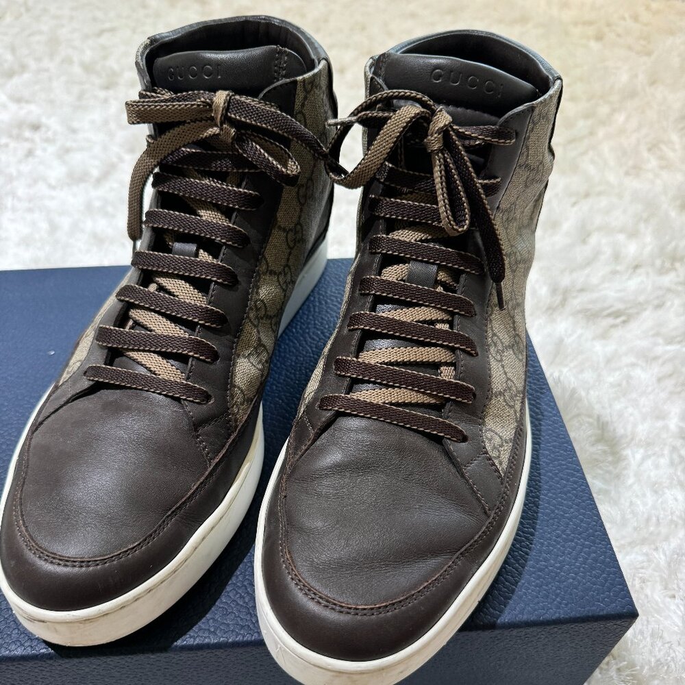 Gucci Brown Leather Canvas Logo Men's GG High Top Sneaker, Size 11 by Gucci - Picture 3 of 11